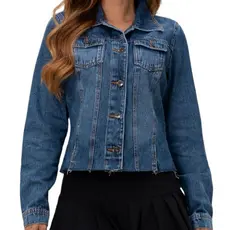 Jaqueta Jeans Feminina Lavagem Escura Manga Longa Casaco Barra Desfiada