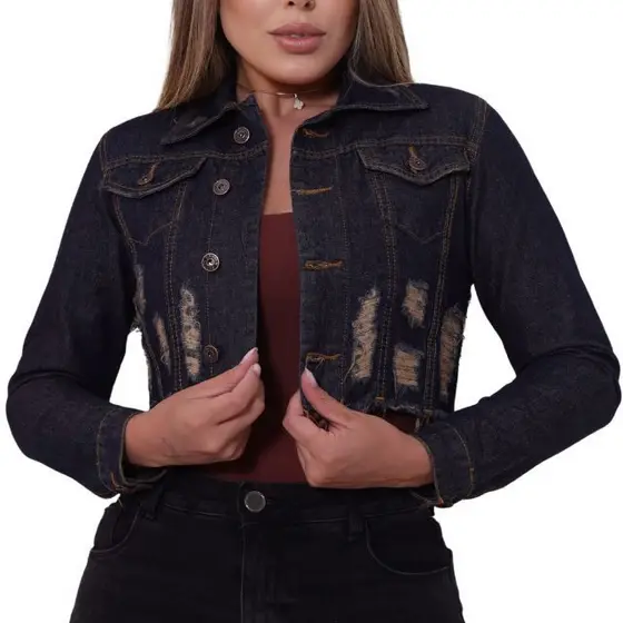 587 - Jaqueta Jeans Cropped Premium – Lavagem Escura com Destroyed