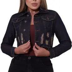 587 - Jaqueta Jeans Cropped Premium – Lavagem Escura com Destroyed