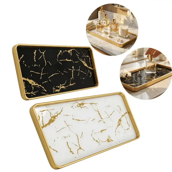 Kit 2 Bandejas Decorativa  Marmorizada Espelhada Dourada Preta Lavado Joias Perfumes ENVIO IMEDIATO