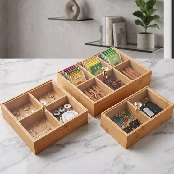 Organizadora Porta Chá Cápsulas Bandeja Bambu Com Tampa Cristal Multiuso Divisórias ENVIO IMEDIATO