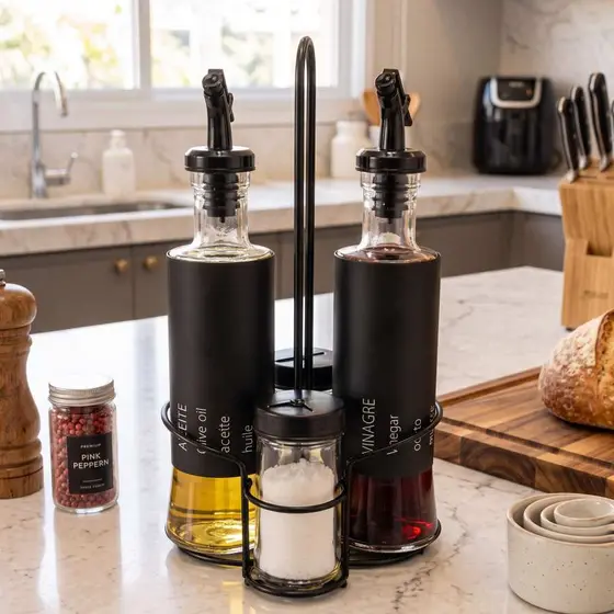 Kit 5 Peças Galheteiro Vidro Grande 300ml Porta Condimentos 85ml C/ Suporte e Dosador ENVIO IMEDIATO