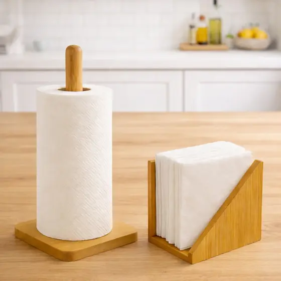 Kit Bambu Porta Guardanapo + Suporte de Papel Toalha Grande para Mesa Bancada Cozinha ENVIO IMEDIATO