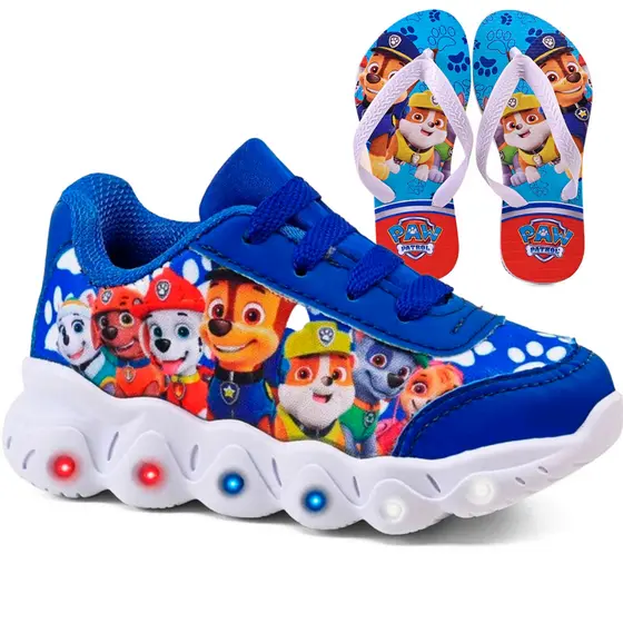 Kit Tênis Infantil Menino Patrulha Canina Com Led + Chinelo Infantil