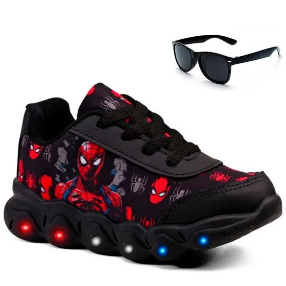 Kit Tênis Infantil Menino Homem Aranha Casual Com Led + Óculos Infantil
