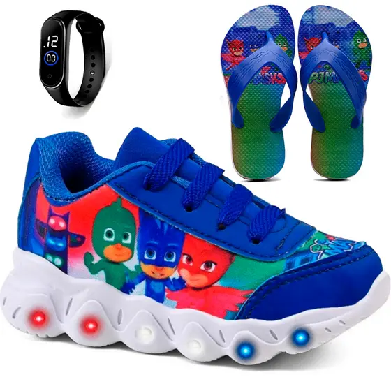 Kit Tênis Infantil PJ Masks Com Led + Chinelo Infantil + Relógio Digital