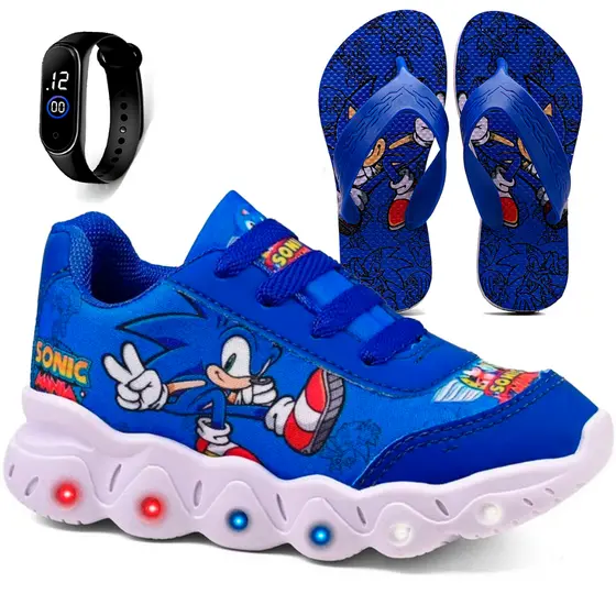 Kit Tênis Infantil Sonic Com Led + Chinelo Infantil + Relógio Digital