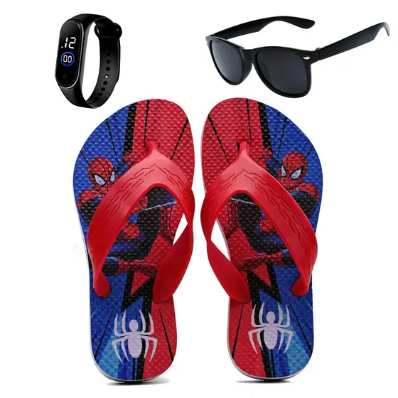 Chinelo Infantil Menino Homem Aranha Super Macio Antiderrapante Resistente Com Óculos e Relógio