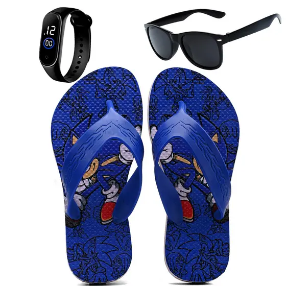 Chinelo Infantil Menino Sonic Super Macio Antiderrapante Com Óculos e Relógio Barato