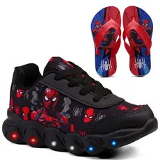 Kit Tênis Infantil Menino Aranha Com Led Leve Confortável  + Chinelo Infantil Masculino Macio Barato