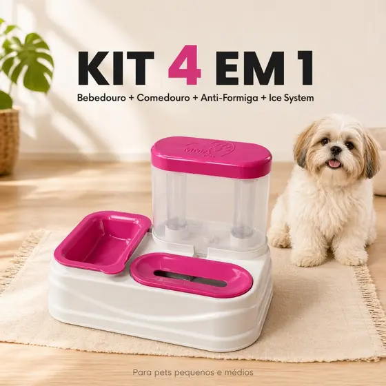 Comedouro e Bebedouro Pet PELOS LONGOS e CURTOS  4 em 1 Cachorro e Gato Água Gelada Antiderrapante