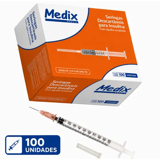 Seringa Insulina 1ml C/Agulha Removível 13mm X 4,5mm C/100 Un Medix