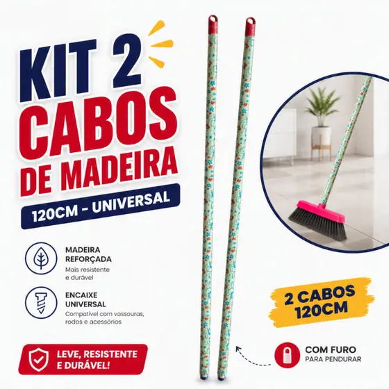 2 Cabos Madeira 1,20m Plastificado Estampado Com Rosca Compatível Com Vassoura Esfregão Rodo Rastelo