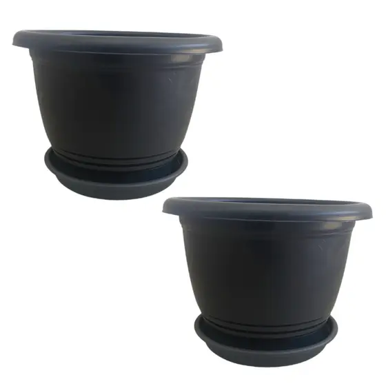 Kit Completo 2 Vaso de Plástico de 9 Litros Com 2 Prato Redondo Plantas Flor- Cor Cerâmica e Preto