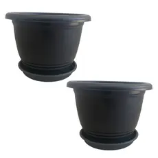 Kit Completo 2 Vaso de Plástico de 9 Litros Com 2 Prato Redondo Plantas Flor- Cor Cerâmica e Preto