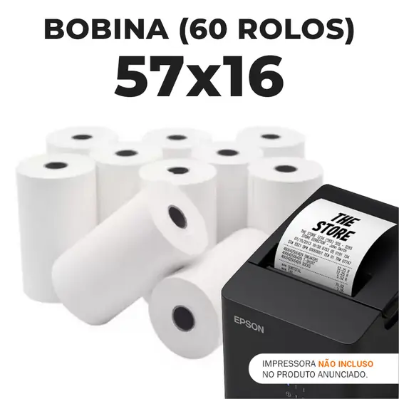 Caixa com 60 Bobinas Térmicas 57x16 Brancas para PDV e Cupom Fiscal
