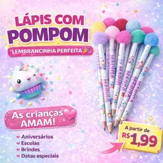Lápis com Pompom Colorido ou Borracha Lembrancinha Infantil Festa Aniversário TODOS OD TEMAS
