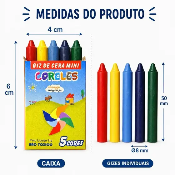 30 caixas de mini giz de cera em 5 cores para lembrancinhas de festa infantil (5,10, 20 ou 30 unidades).