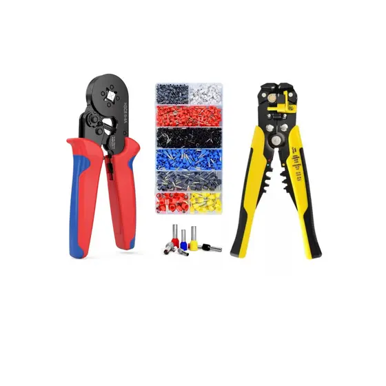 Kit Alicate Crimpar + 1200 Terminais Ilhos + Alicate Descascador 0,25 Até 10mm²