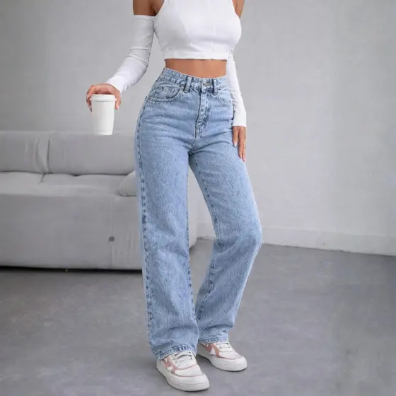 Calça Wide Leg Jeans Feminina MARMORIZADA Cintura Alta Sem Lycra