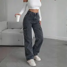 Calça Wide Leg Jeans Feminina Marmorizada CARGO Cintura Alta Sem Lycra