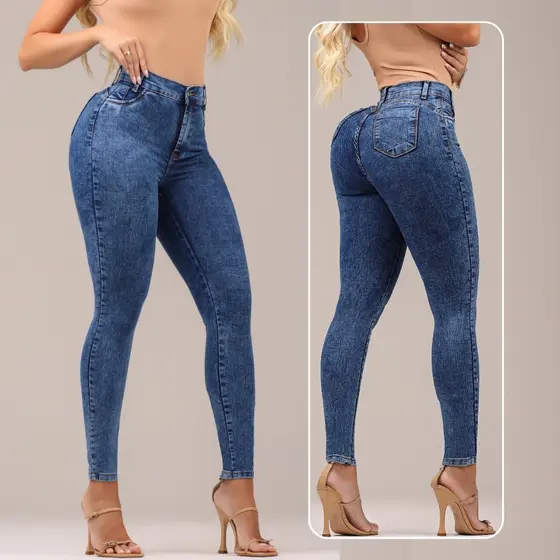 Calça Skinny Jeans Feminina MARMORIZADA GRAFITE Cintura Alta Modeladora Levanta Bumbum com Lycra