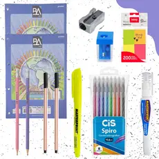 Kit Escolar Com 2 Folhas p/ Fichário + Blocos Adesivos + Itens de Escrita