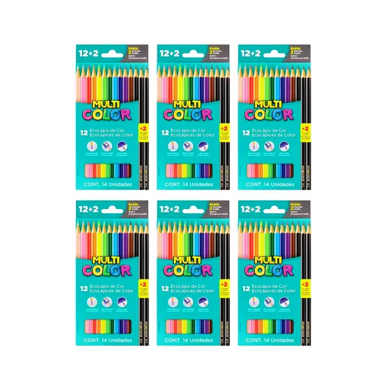 Lapis De Cor Multicolor 12 Cores + 2 Grafite Ecolápis Sextavado Pontas Resistentes