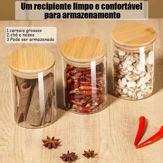 Porta mantimentos potes de vidro de alta qualidade 200ml kit 1 a 6 tampa bambu hermético para alimentos e grãos