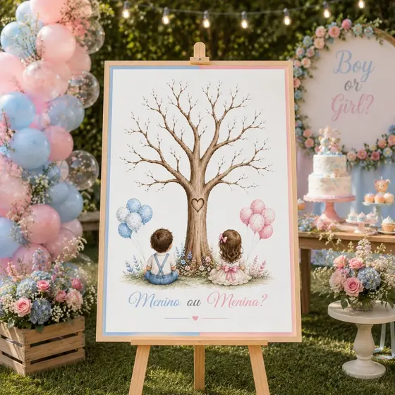 Quadro Interativo Personalizável Chá Revelação Menino ou Menina Árvore de Digitais Decoração Festa
