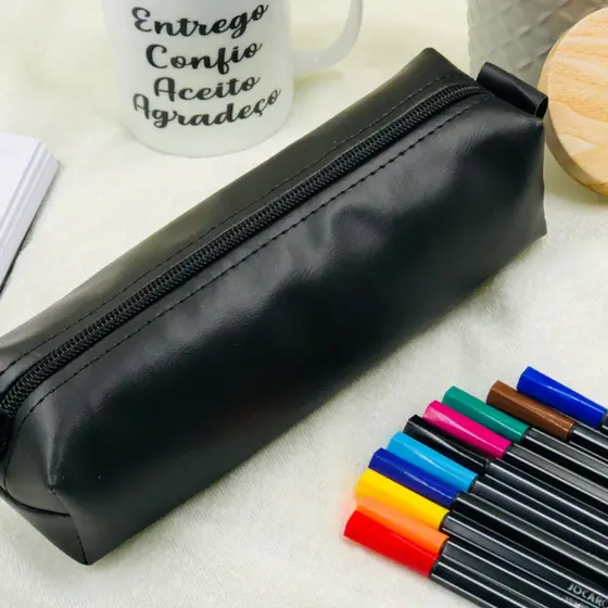 Estojo 1 Divisória Escolar Couro Liso Vários Modelos Multiuso Universal e Cores Organizador