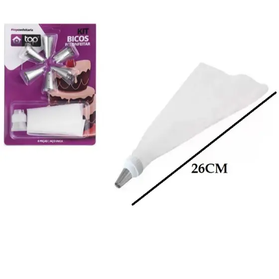 Kit Confeiteiro com 7 Bicos de Inox e 1 Saco de Confeita 26CM Para Bolos e Doces 8 Peças Universal