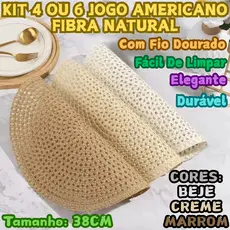 Kit 4 Ou 6 Jogo Americano Fibra Natural Com Fio Dourado Tamanho 38CM Fácil De Limpar Moda Elegante