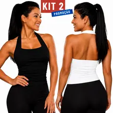 KIT 2 Blusa Feminina Regata Costas Nuas Halter Academia Frente Única Tecido Duplo Moda Gringa Premium