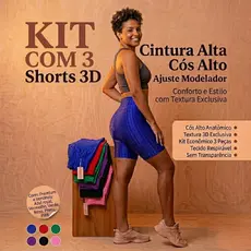 KIT 3 SHORTS 3D FEMININO SUPLEX CINTURA ALTA ACADEMIA FITNESS