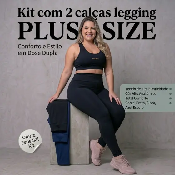 Kit 2 Calças Feminina Legging Plus Size Academia Suplex Premium Zero Transprência