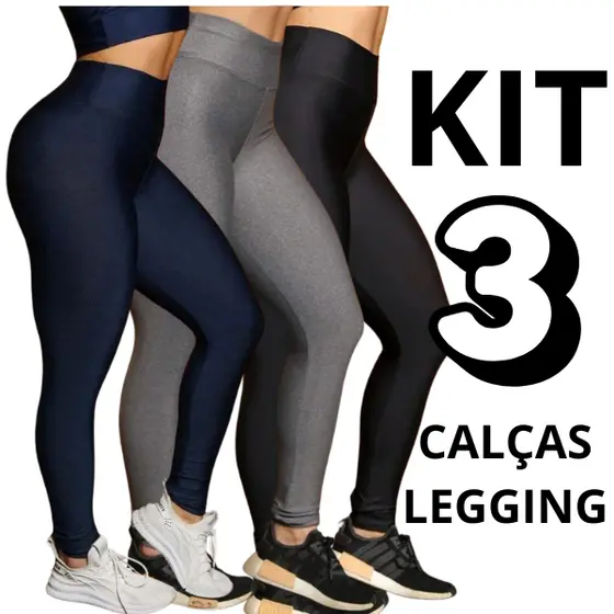 Kit 3 Calças legging Leg Lisa Feminina Cintura Alta Dia a Dia Academia