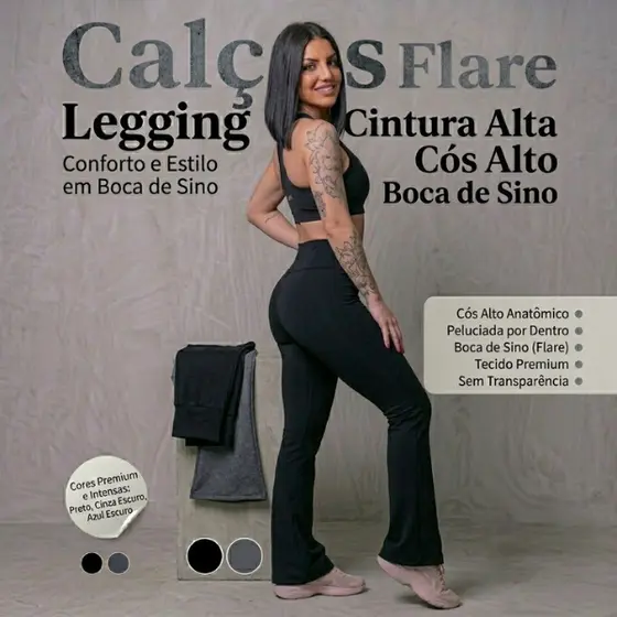 Calça Legging Flare Feminina Plus Size GG ao G3 Preta Cintura Alta Dia a Dia