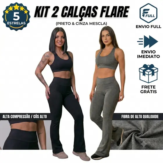 Kit 2 calças Legging Feminina Flare Boca de Sino Zero Transparência
