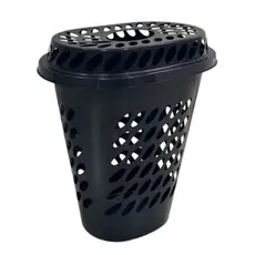 Cesta De Roupas Organizador Plástico Multiuso Oval Com Tampa Preto 60L