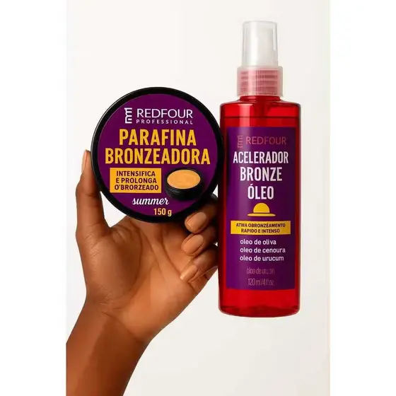 Acelerador 120ML + Parafina 150g REDFOUR – Bronze Natural e Dourado, Bronze de Verão Cenoura e Urucum.