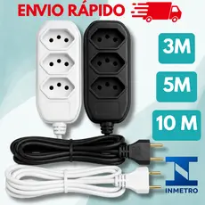 Extensão elétrica de 2, 3, 5 e 10 metros bivolt 110v/220v preta 3 pinos 10A padrão BRA NBR 14136