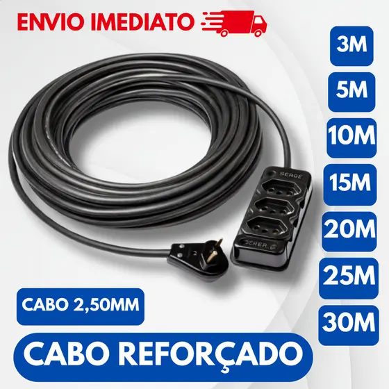 Extensão elétrica reforçada cabo PP de 2, 3, 5, 10, 15, 20, 25, 30 metros bivolt 110v/220v preta