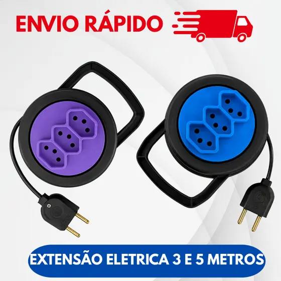Extensão elétrica retrátil de 3, 5 metros redonda bivolt 110v/220v preta 3 pinos 10A padrão BRA NBR 14136
