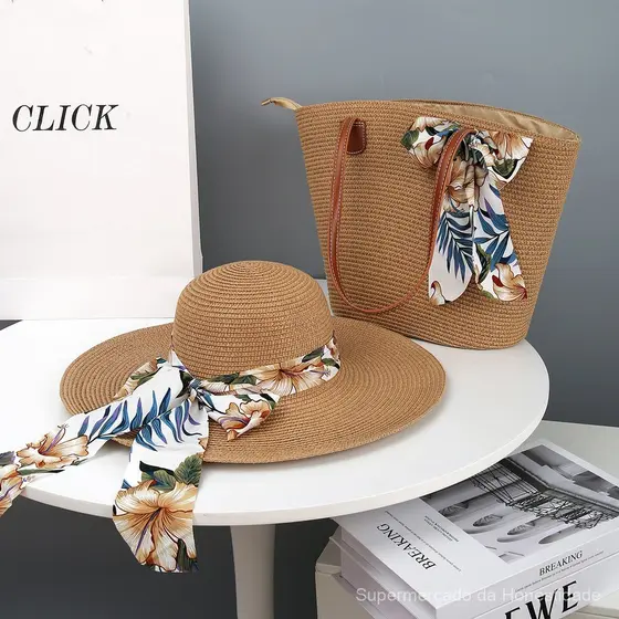 Chapéu de Praia de Palha 2026, Novo Conjunto de Chapéu de Sol e Bolsa, Duas Peças, Bolsa Tote Simples e Elegante