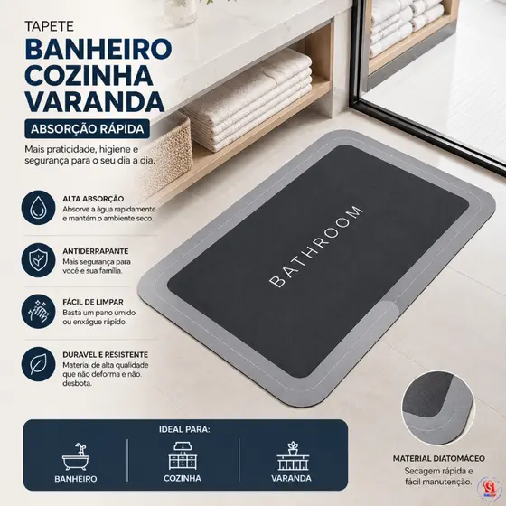 Tapete para Banheiro Absorvente Antiderrapante Secagem Rápida Macio Durável