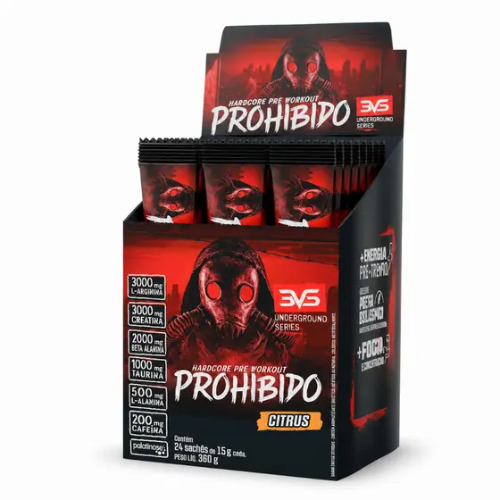 Pré Treino Prohibido 24 Sachês de 15g 360g Fórmula Avançada com Cafeína Creatina Beta Alanina Taurina