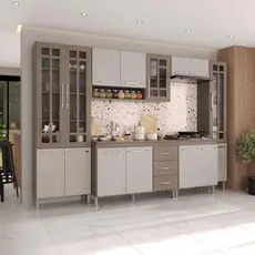 Armário de Cozinha Modulada Completa Fidelitá Paris 6 Peças 295cm 15 Portas 3 Gavetas Com Tampo Nogal/Salinas