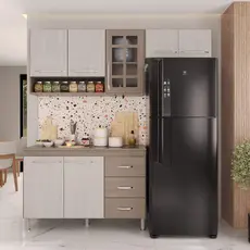 Armário de Cozinha Modulada Compacta Fidelitá Paris 3 Peças 190cm 7 Portas 3 Gavetas Com Tampo Nogal/Salinas
