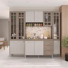 Armário de Cozinha Modulada Compacta Fidelitá Paris 4 Peças 225cm 11 Portas 3 Gavetas Com Tampo Nogal/Salinas